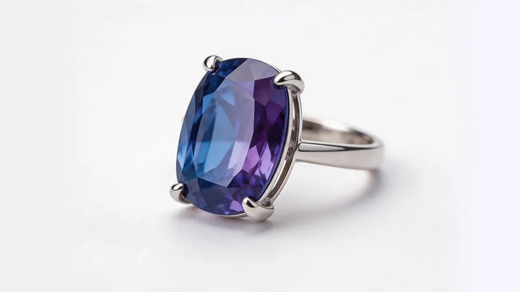 Deep blue violet tanzanite solitaire in an open claw platinum ring