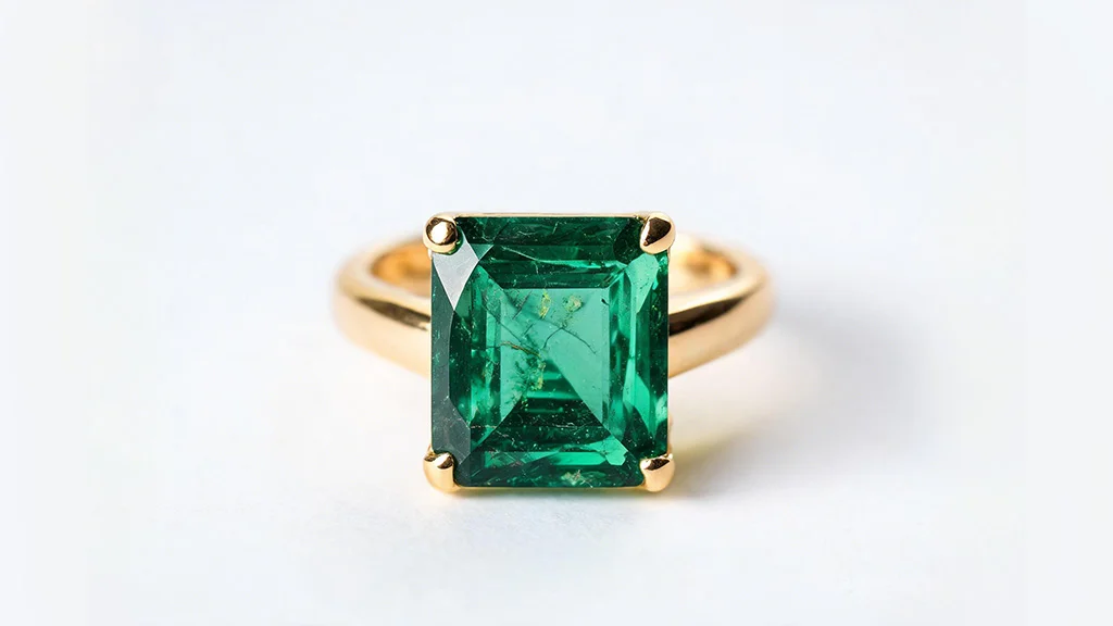 Deep green Colombian emerald in a rectangular emerald cut set in a four claw yellow gold ring revealing natural inclusions