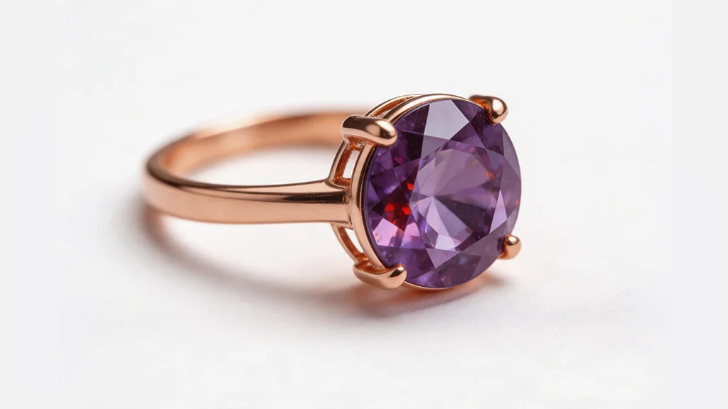 Deep purple amethyst gemstone in a rose gold ring setting