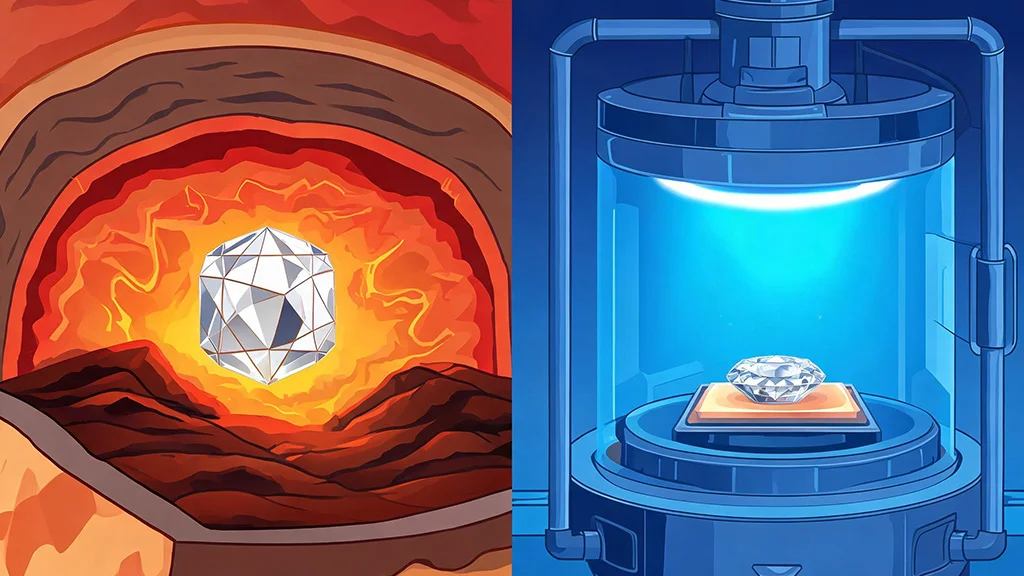Diagram comparing natural diamond formation underground versus lab grown diamond CVD process