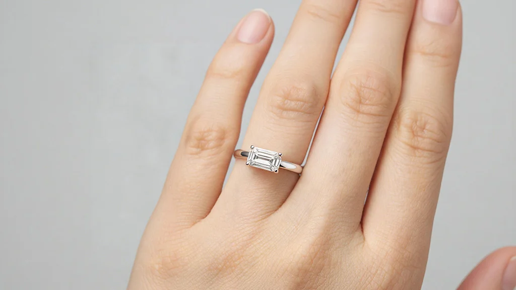 East west set emerald cut diamond engagement ring on hand