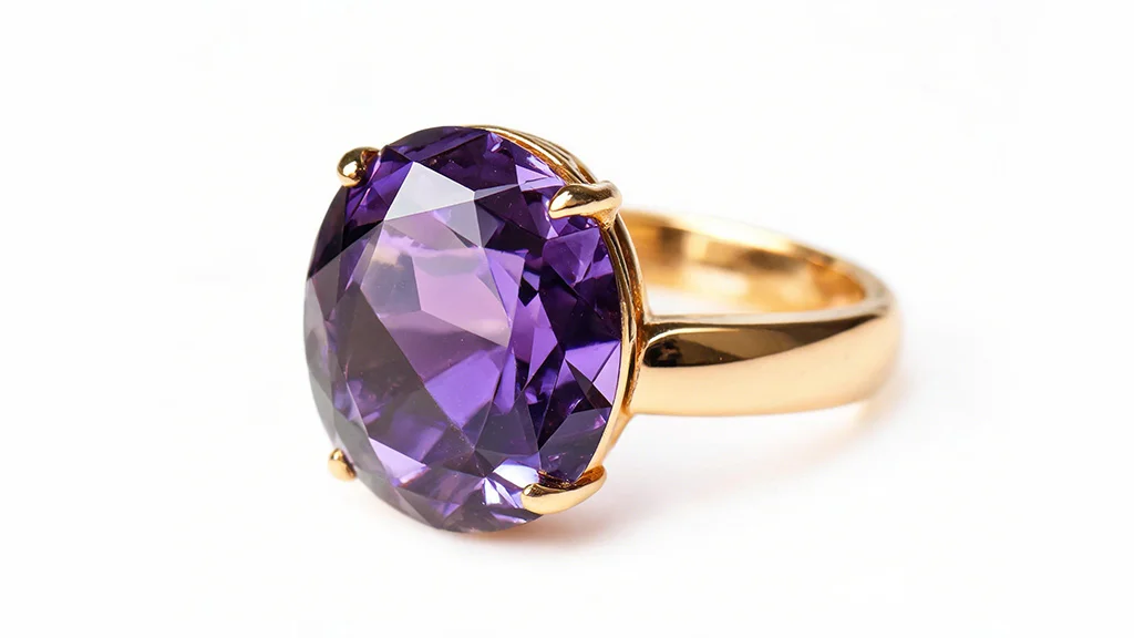 Faceted deep purple amethyst gemstone in a gold ring setting