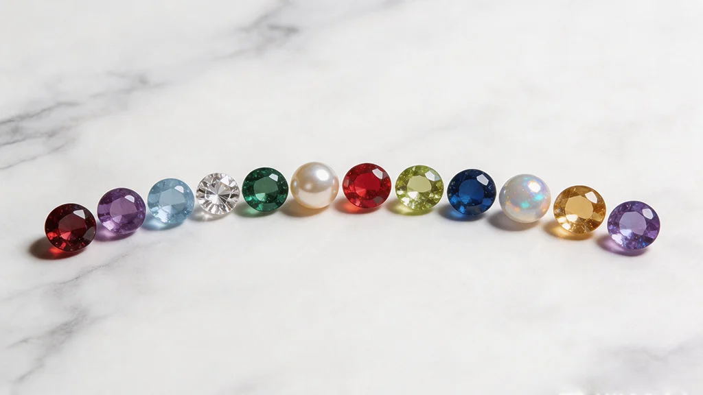 Flat lay of 12 birthstones by month on a white marble surface