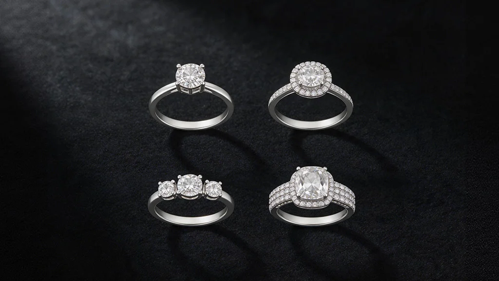 Four engagement ring styles arranged on a dark surface a solitaire, halo, three stone, and pavé cushion cut diamond ring