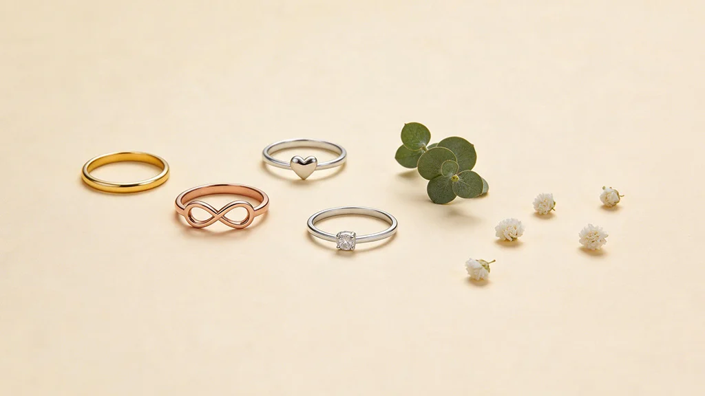 Four promise ring styles arranged in a flat lay a plain gold band, an infinity band, a heart motif ring, and a small solitaire