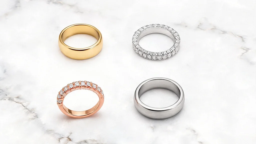 Four wedding ring styles flat lay on marble