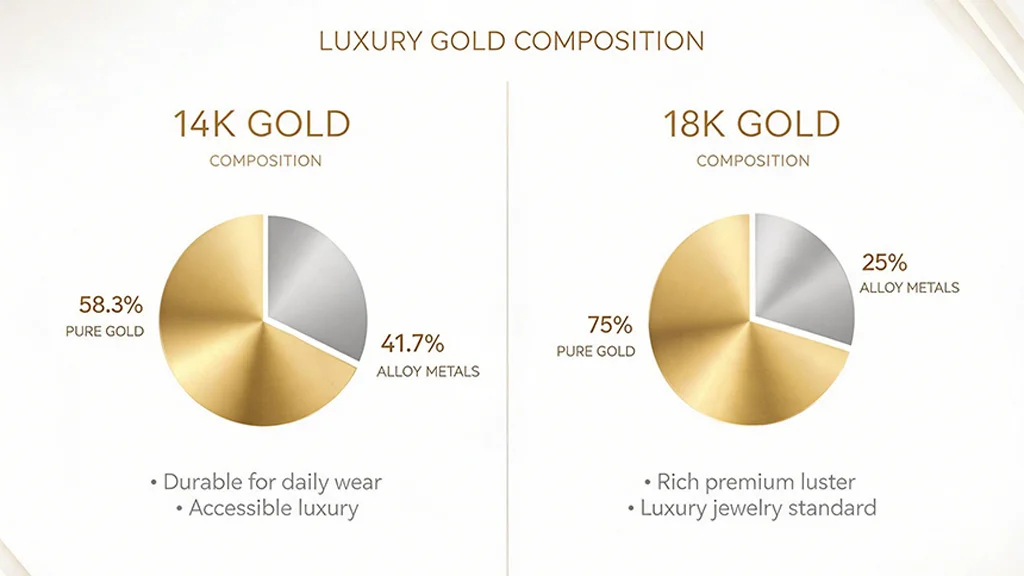 Gold purity comparison showing 14K gold and 18K gold composition percentages