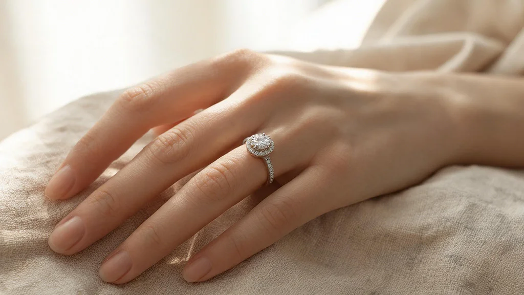 Hand wearing a halo engagement ring resting on neutral linen fabric in soft natural light