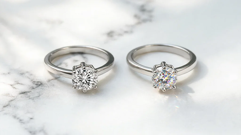 Lab grown diamond vs moissanite ring side by side on marble