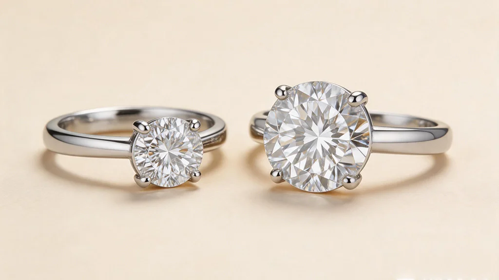 Larger lab grown diamond beside a smaller natural diamond for price comparison