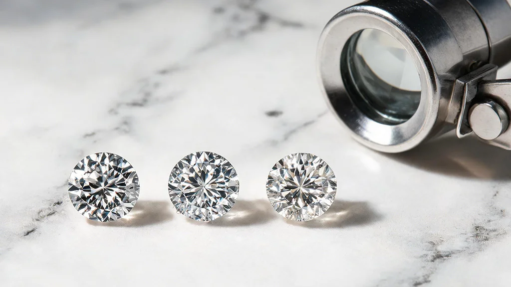 Loose diamond, cubic zirconia, and moissanite compared side by side to show how to tell if a diamond is real