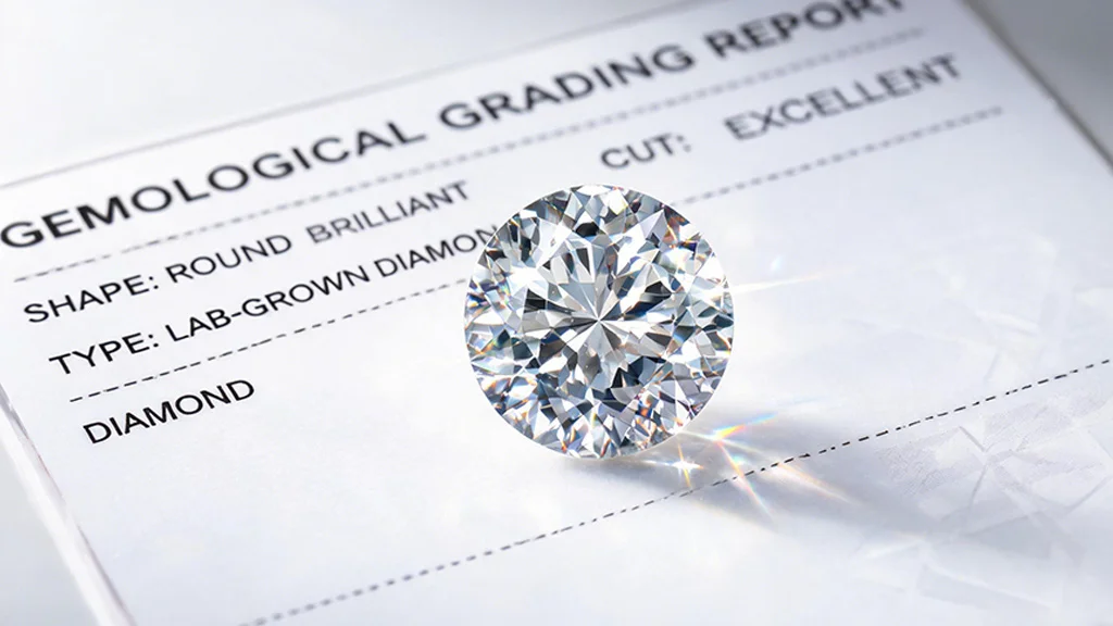 Loose round brilliant lab grown diamond on a GIA grading report