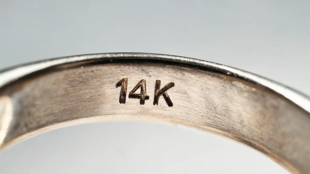 Macro close up of a 14K hallmark stamp engraved inside a white gold ring band