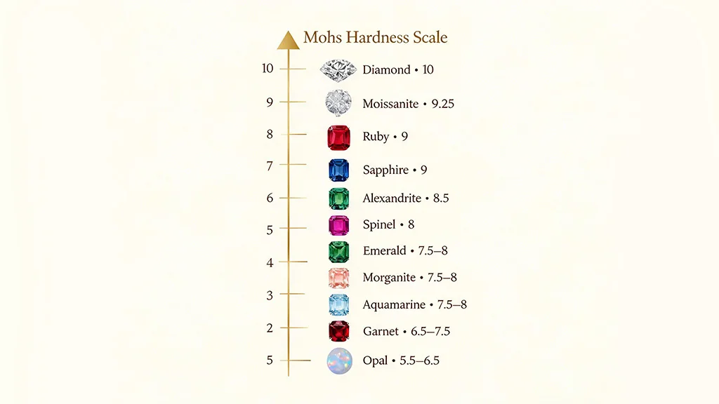 Mohs hardness scale infographic showing gemstone ratings from opal at 5.5 to diamond at 10