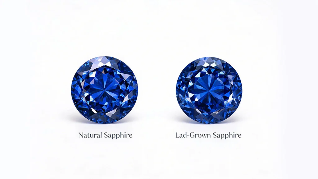 Natural sapphire and lab grown sapphire placed side by side