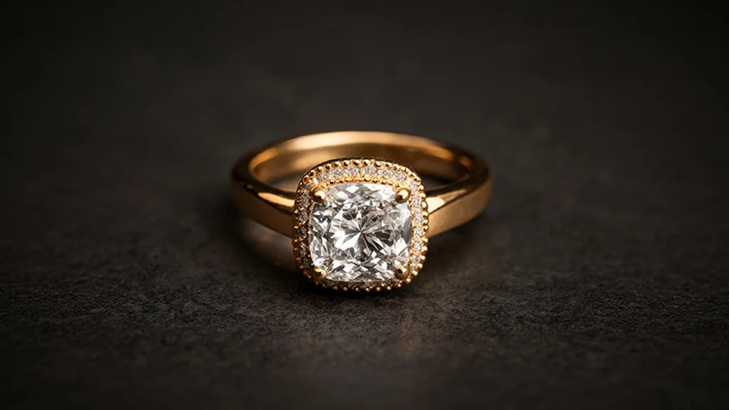 Old mine cut diamond engagement ring in a yellow gold Georgian style setting