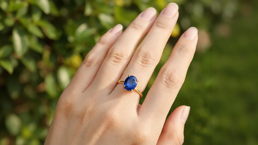 Oval blue sapphire engagement ring in 18K yellow gold worn on a hand