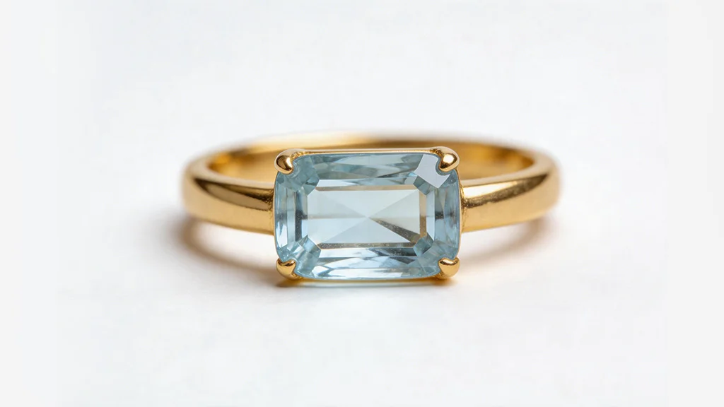 Pale blue aquamarine gemstone in an elongated cushion cut set east west in a yellow gold bar ring
