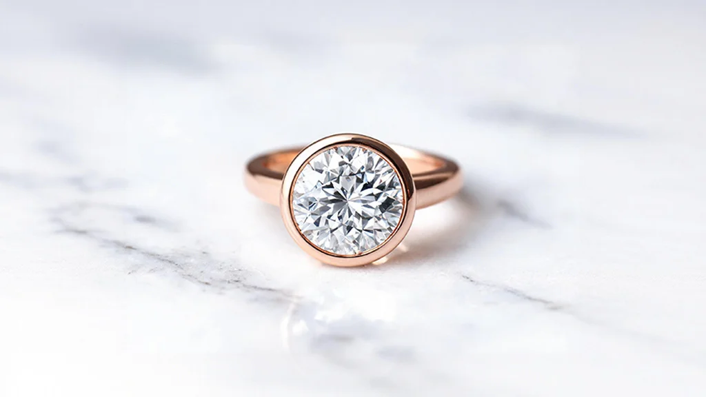 Round diamond engagement ring in a rose gold bezel setting