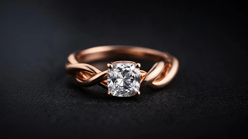 Sculptural rose gold engagement ring with twisted curved band
