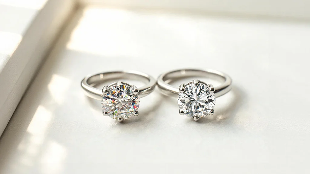 Side by side comparison of moissanite vs lab grown diamond ring