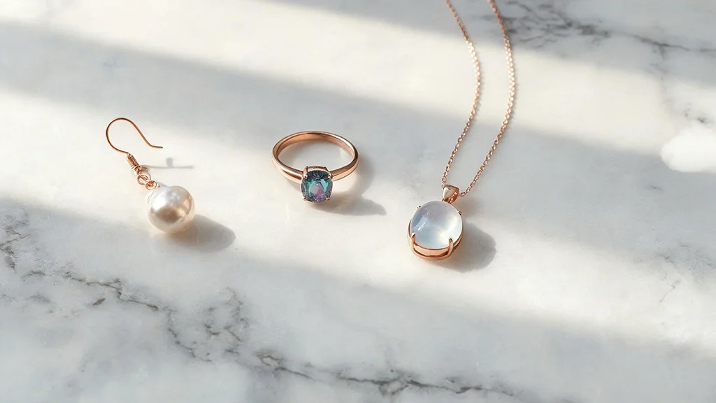 Three June birthstone jewellery pieces a baroque pearl drop earring in rose gold, an alexandrite ring, and a moonstone pendant