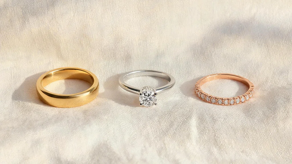 Three wedding rings on warm fabric