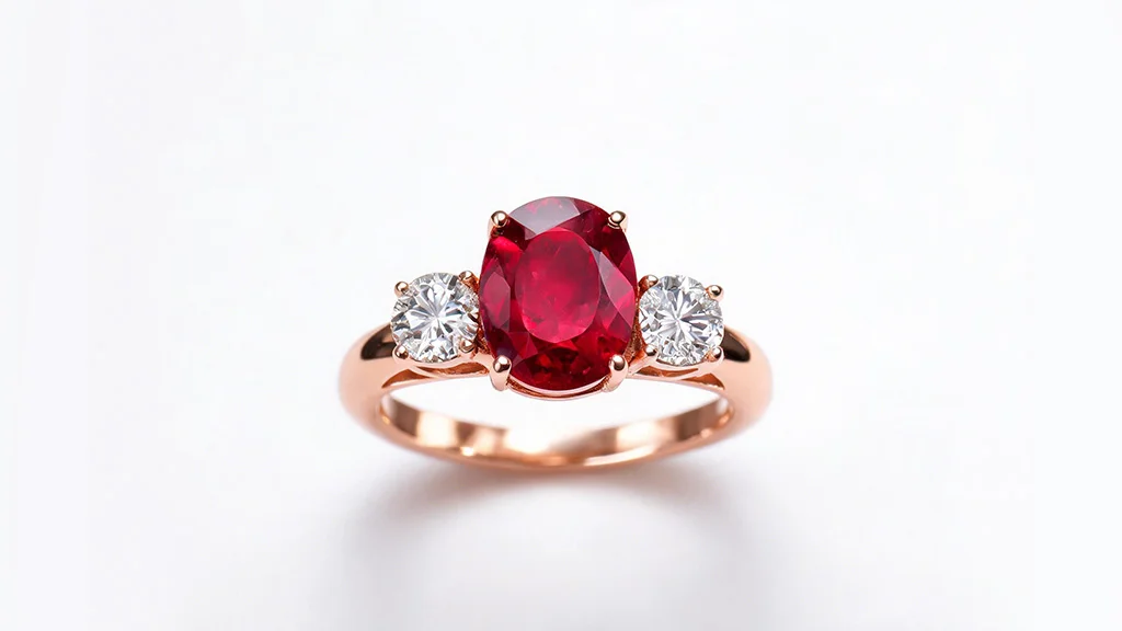 Vivid red ruby three stone ring with two flanking diamonds in a rose gold setting