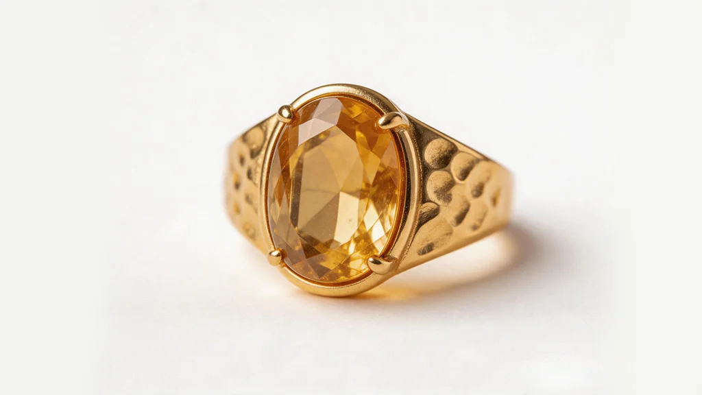 Warm golden citrine gemstone in a large oval cut set in a hammered yellow gold cocktail ring