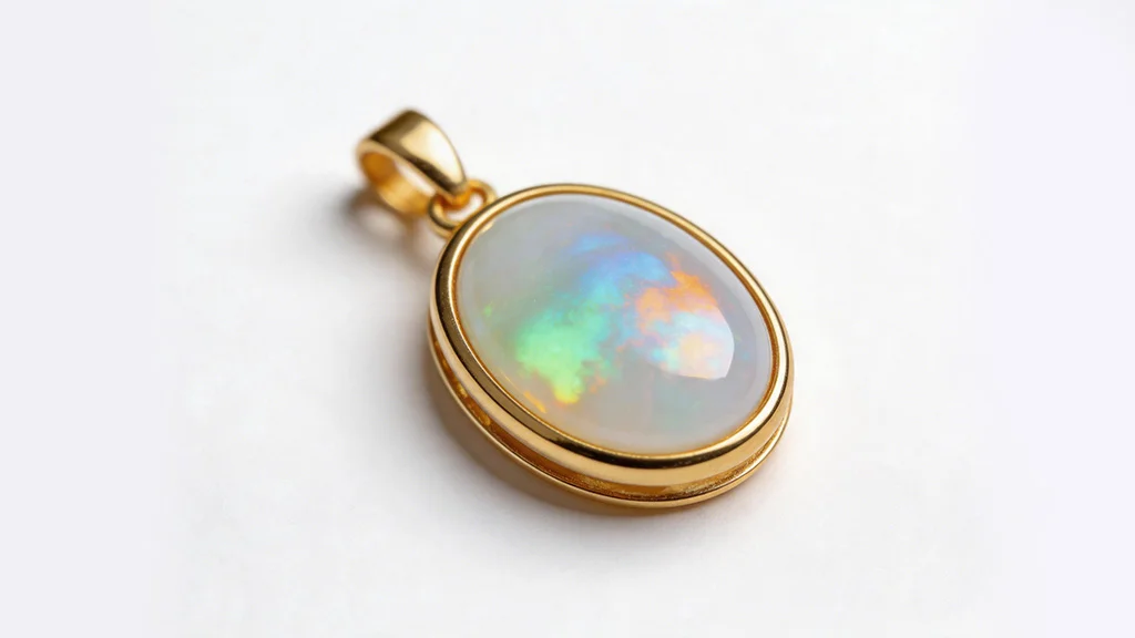 White Australian opal pendant set in a yellow gold bezel pendant