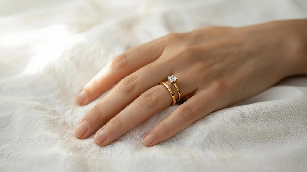 brides hand wearing engagement ring and wedding ring together