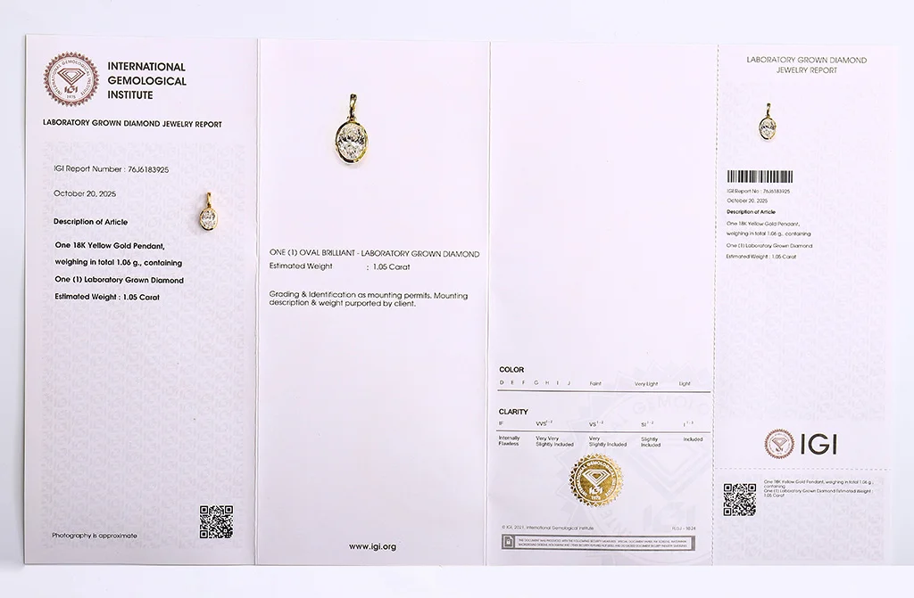 igi certification report for a pendant necklace