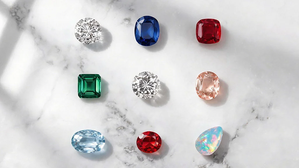 nine loose gemstones on white marble showing different types of gemstones for engagement rings