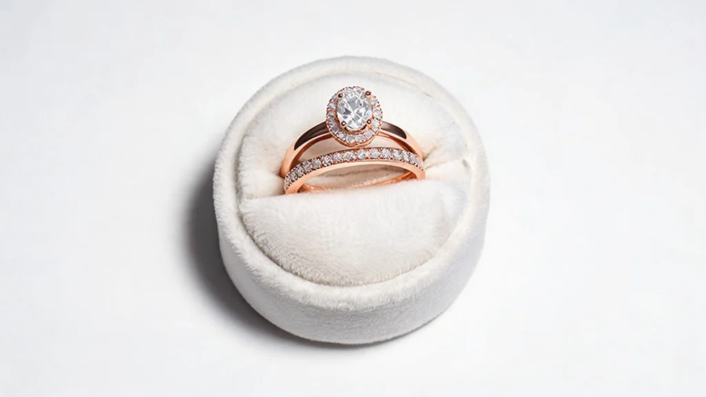 oval halo diamond engagement ring in rose gold paired with curved pavé wedding band