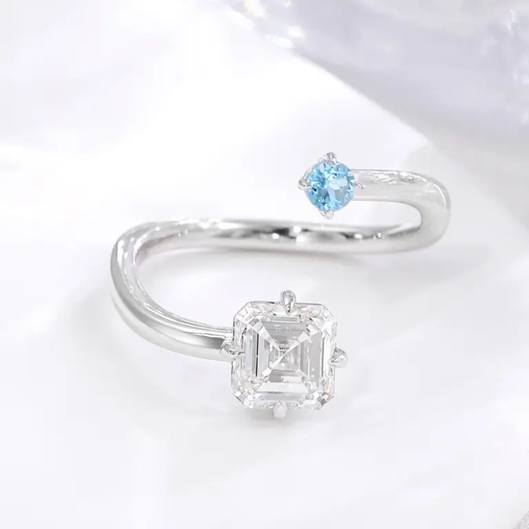 14k gold 1 45ct asscher round diamond sapphire split shank engagement ring 1