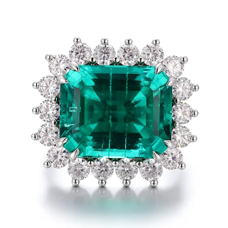 14k gold 16ct green emerald cut emerald halo engagement ring 1