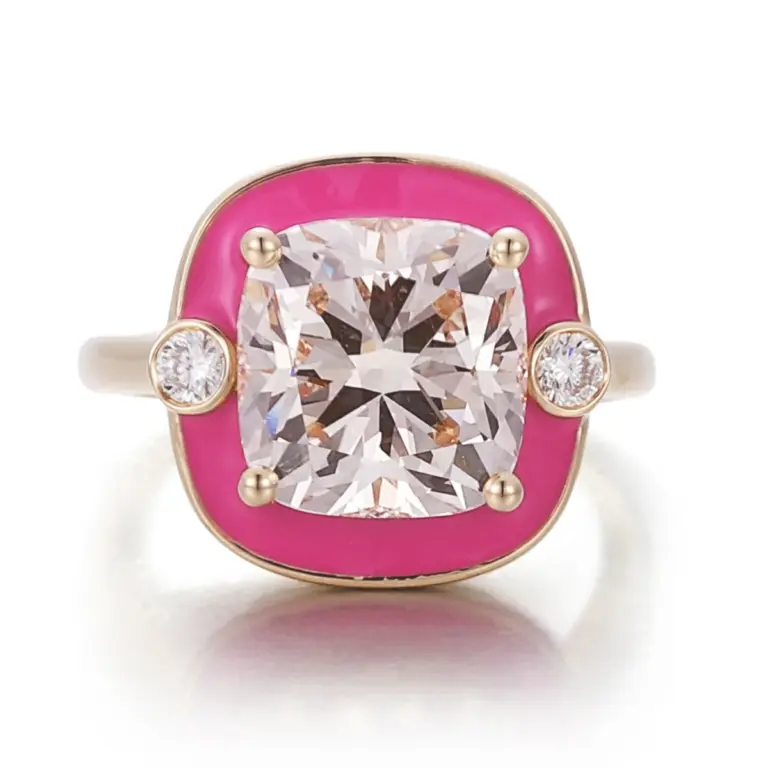 14k gold 5ct cushion lab grown diamond three stone engagement ring 1