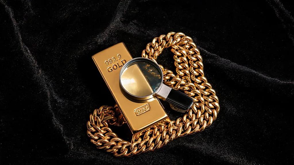 A collection of gold jewelry and bullion under a jeweler's magnifying glass, representing methods for testing if gold is real or fake