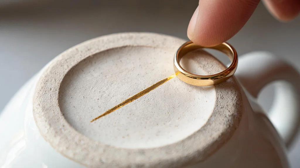 A gold ring leaving a gold colored streak on an unglazed ceramic surface during a scratch test
