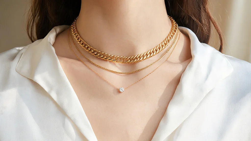 A model wearing a white V neck shirt styled with layered gold necklaces, including a delicate pendant chain, a curb chain, and a heavy rope chain