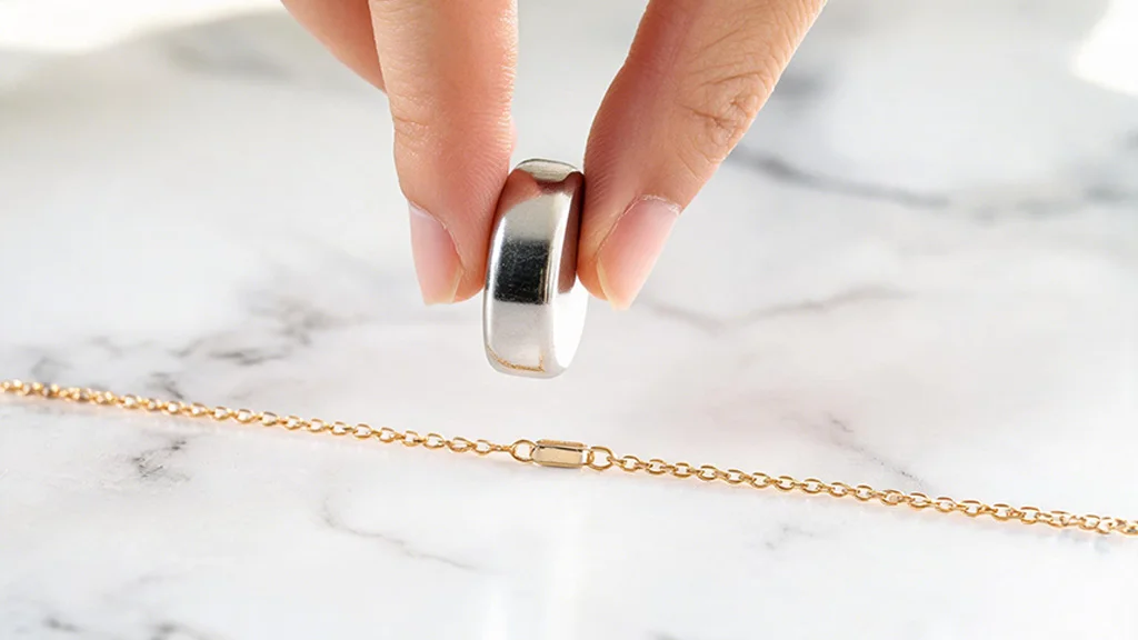 A person holding a strong neodymium magnet over a gold chain to demonstrate that real gold is non magnetic