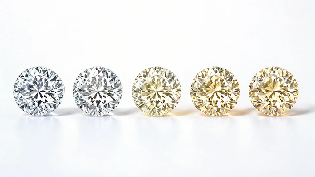 A visual representation of the diamond color scale showing loose stones progressing from a colorless D grade to a light yellow Z grade