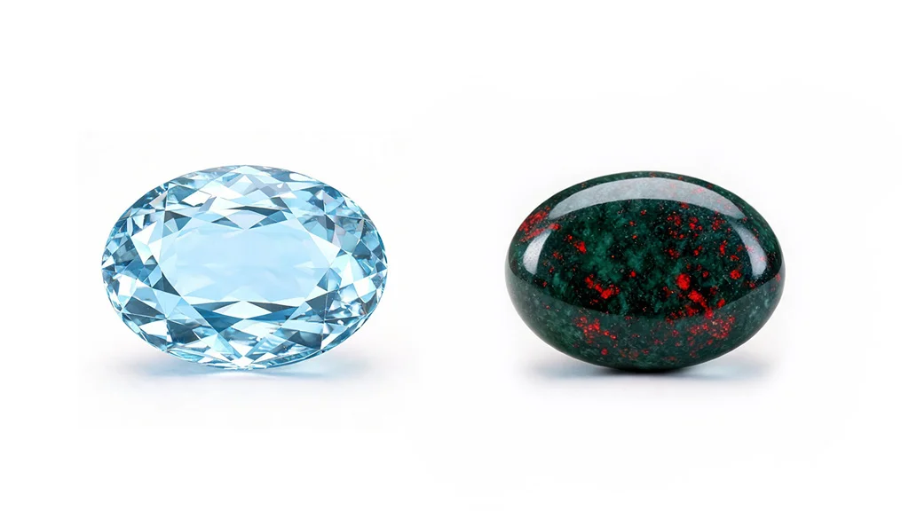 Aquamarine and bloodstone, the two official March birthstones displayed side by side