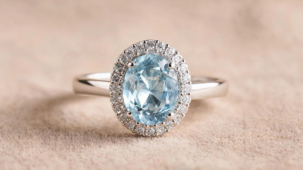 Aquamarine and diamond halo engagement ring