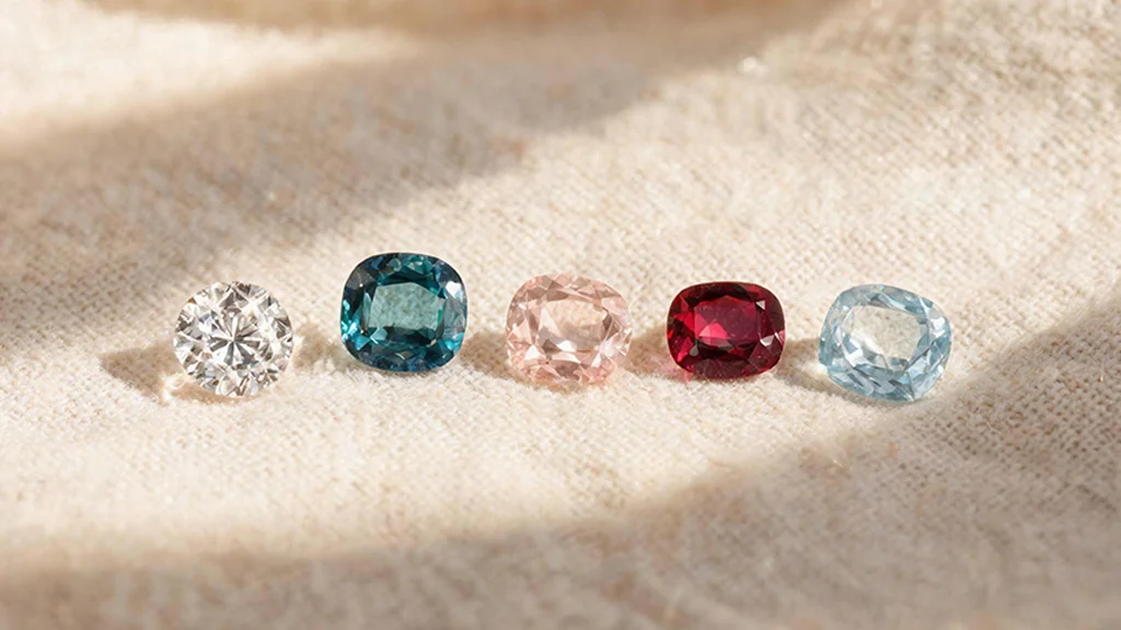 Assorted diamond alternatives including sapphire, ruby, morganite, and aquamarine arranged on cream fabri
