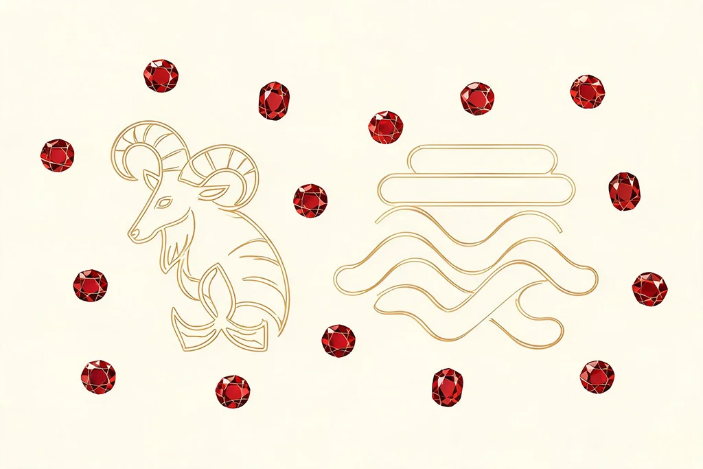 Capricorn and Aquarius zodiac symbols paired with garnet gemstones