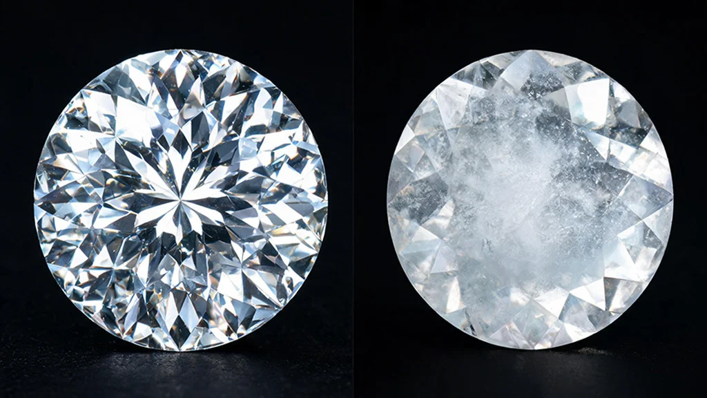 Clear diamond compared with a diamond showing a slight milky appearance