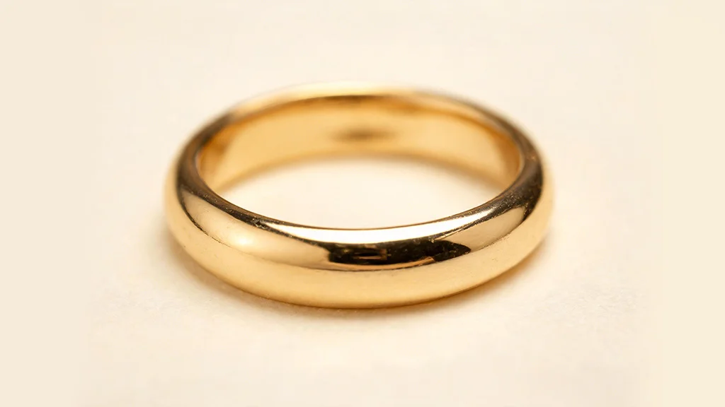 Close up macro photography of gold vermeil ring, warm gold tone over silver base, soft studio lighting, luxury jewelry photography, cream background