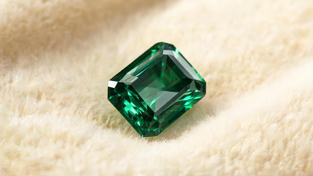 Close up of a vivid green emerald, the official May's birthstone