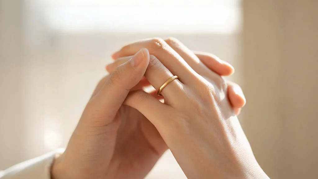 Close up of hands wearing a delicate gold promise ring meaning and symbolizing commitment